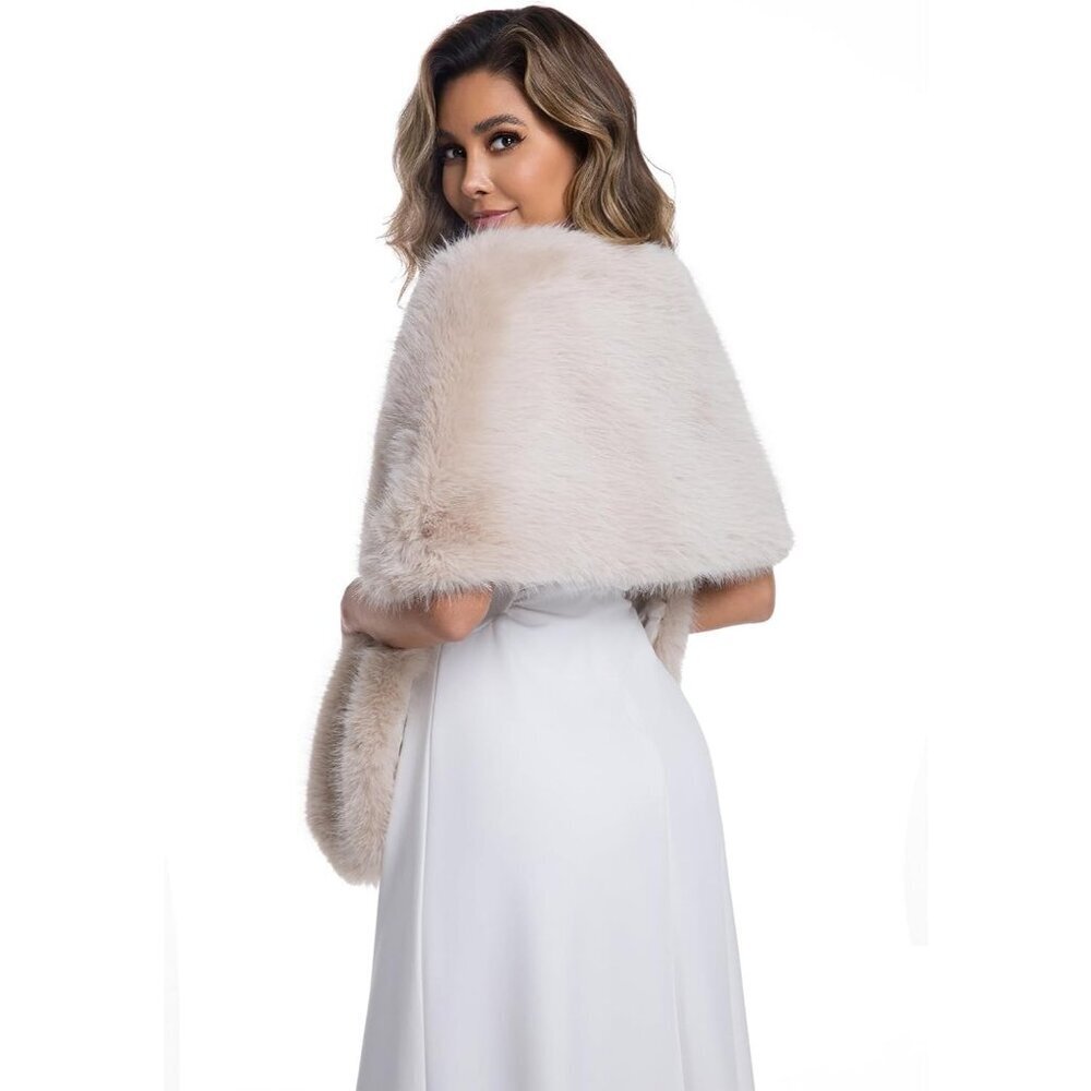 Women's Beige Faux Fur Winter Warm Wedding Neck Warmer Shawl Collar Scarf Stole - Picture 6 of 8